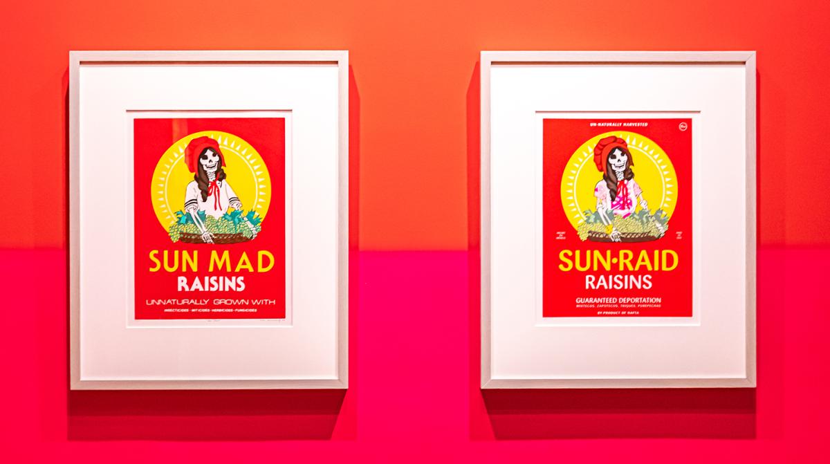 Two artworks of a skeleton resembling the raison box woman. 