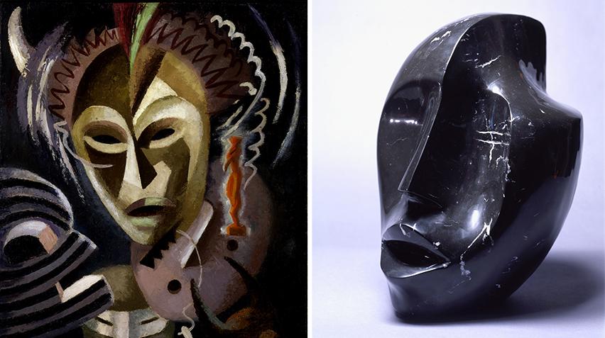 Blog - Catlett and Jones, home page crop Side by side artworks. On the left: a painting with African mask references. On the right: a black sculpture, also with African mask references.