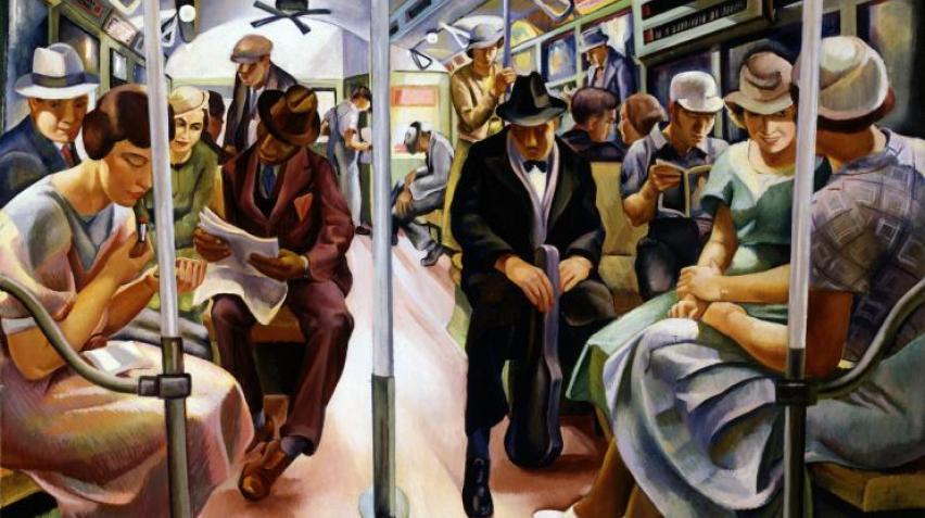 WPA painting of people on a New York City subway
