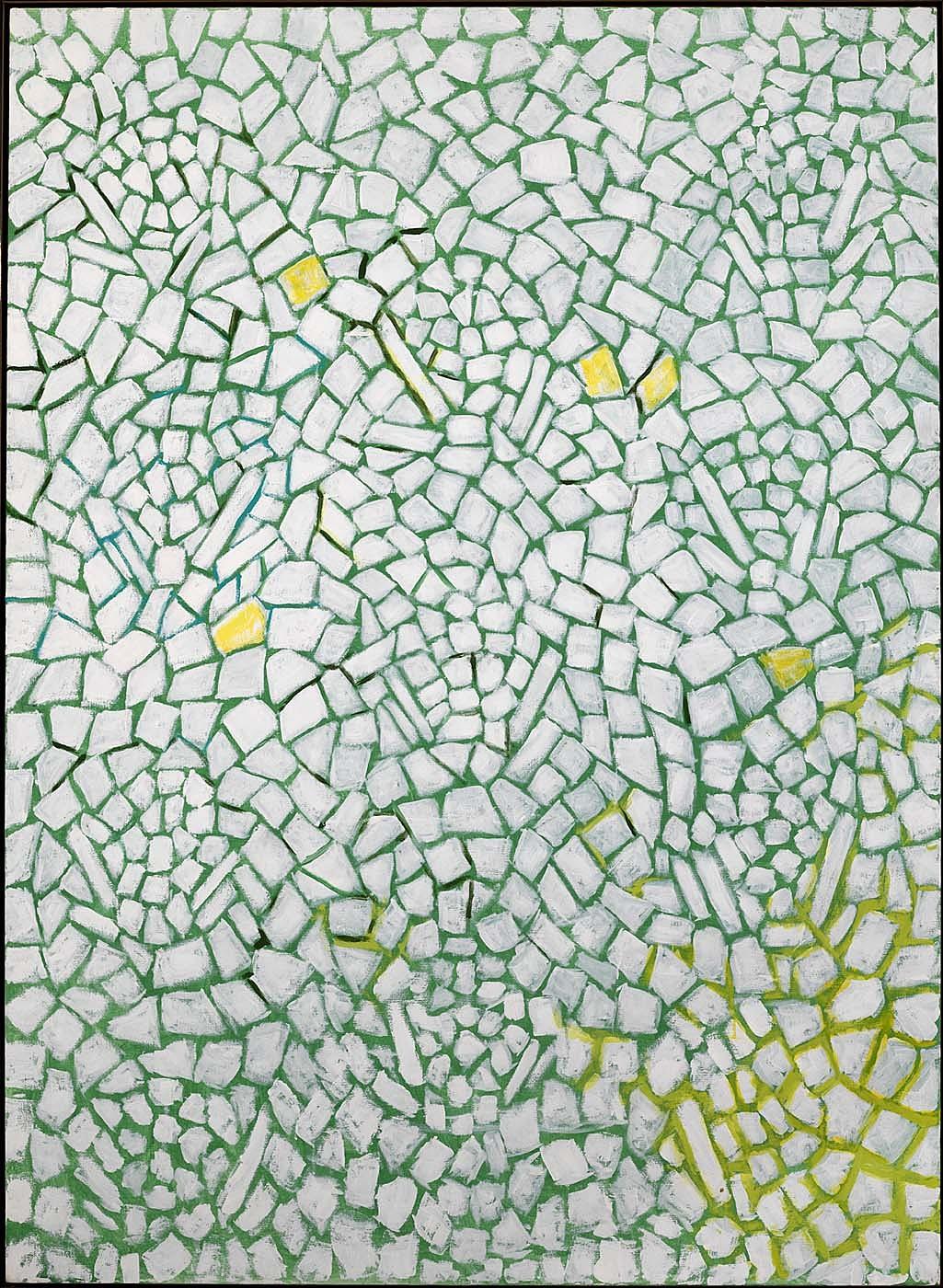 Abstract painting of light white and yellow paint on a light blue field of color.