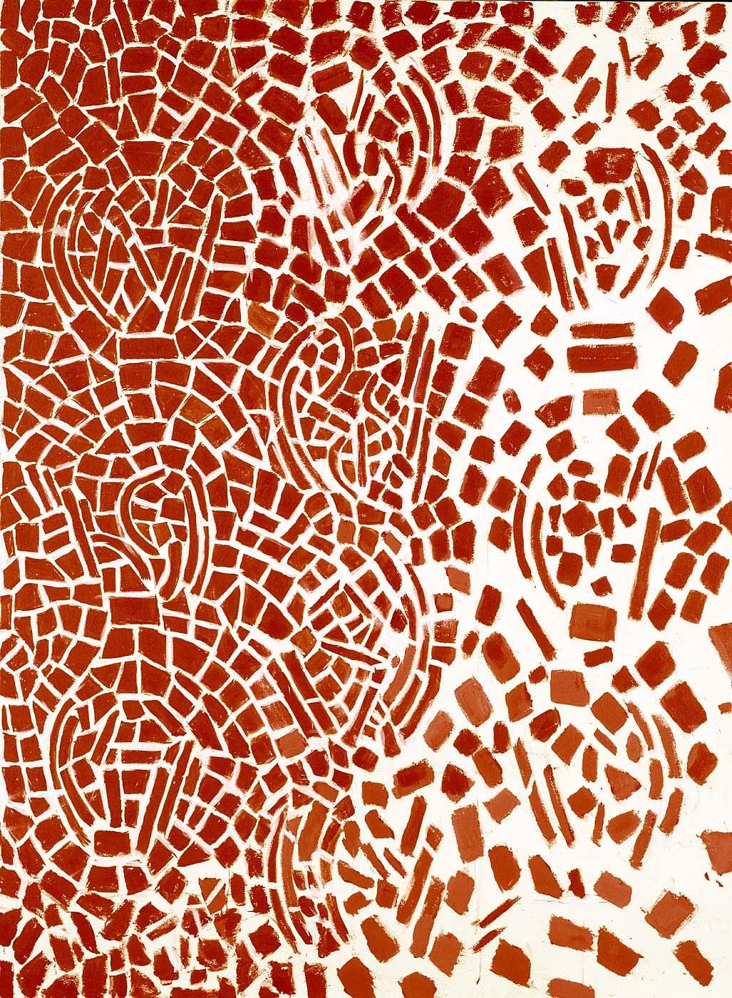 Abstract painting of swirling red tiles of paint on a white field.