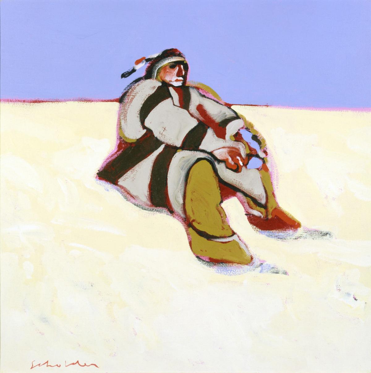 Painting of a Native American person sits on snow.