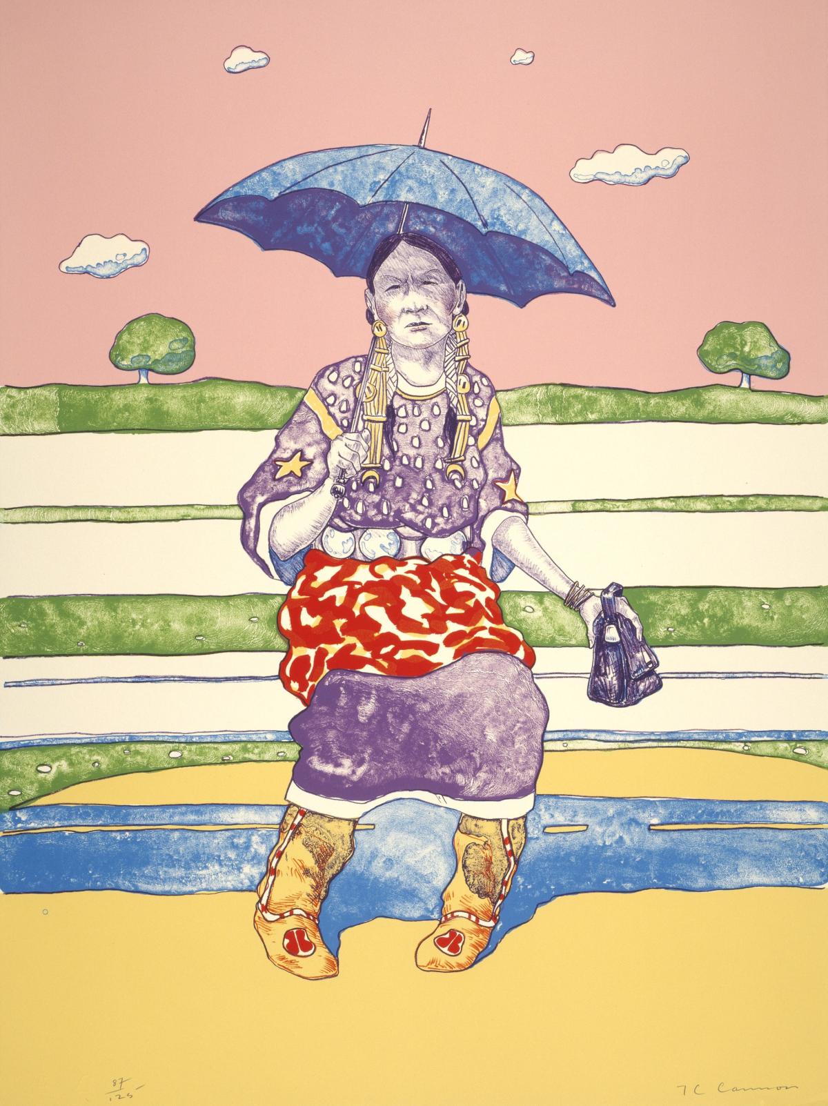 A painting of a woman in colorful dress holds an umbrella while waiting for a bus