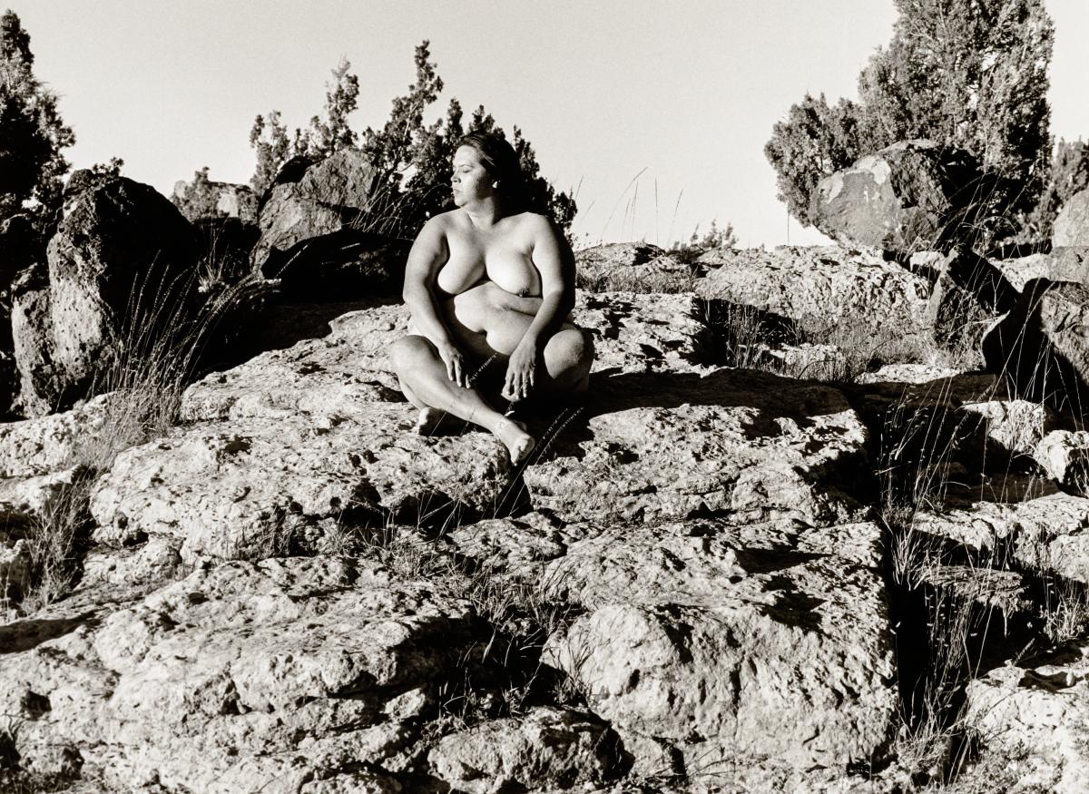 Laura Aguilar, Nature Self-Portrait #11, 1996, gelatin silver print, 16 x 20 in. (40.6 × 50.8 cm), Smithsonian American Art Museum, Museum purchase through the American Women’s History Initiative Acquisitions Pool, administered by the Smithsonian American Women’s History Initiative, 2021.27.4, © 2016, Laura Aguilar Trust
