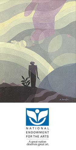 This is a oil painting of a hand coming from the sky and pointing to a smaller figure on the land. 