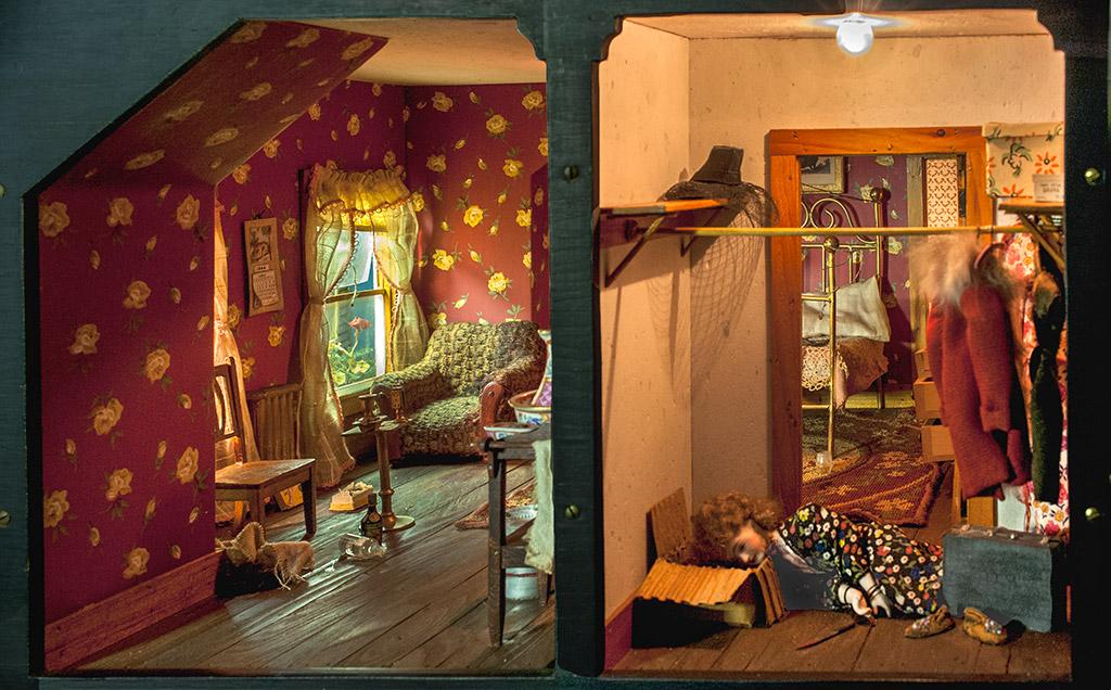 Interior detail of red bedroom study