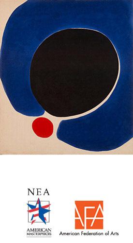 This is a painting of a large black circle and a smaller red circle surrounded by a blue mass. 
