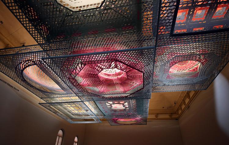 This is an image of a ceiling suspended structure constructed from nine different American buildings.