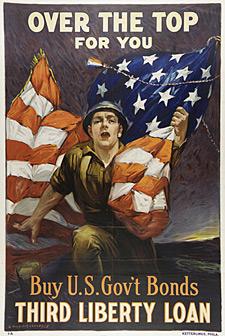 This is a US government bonds poster with a man carrying an American flag