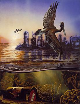 oil on wood of an ocean scene with a bird in the foreground and a decaying cityscape in the background. 