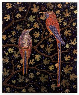 An image of two red and blue birds in a tree at night