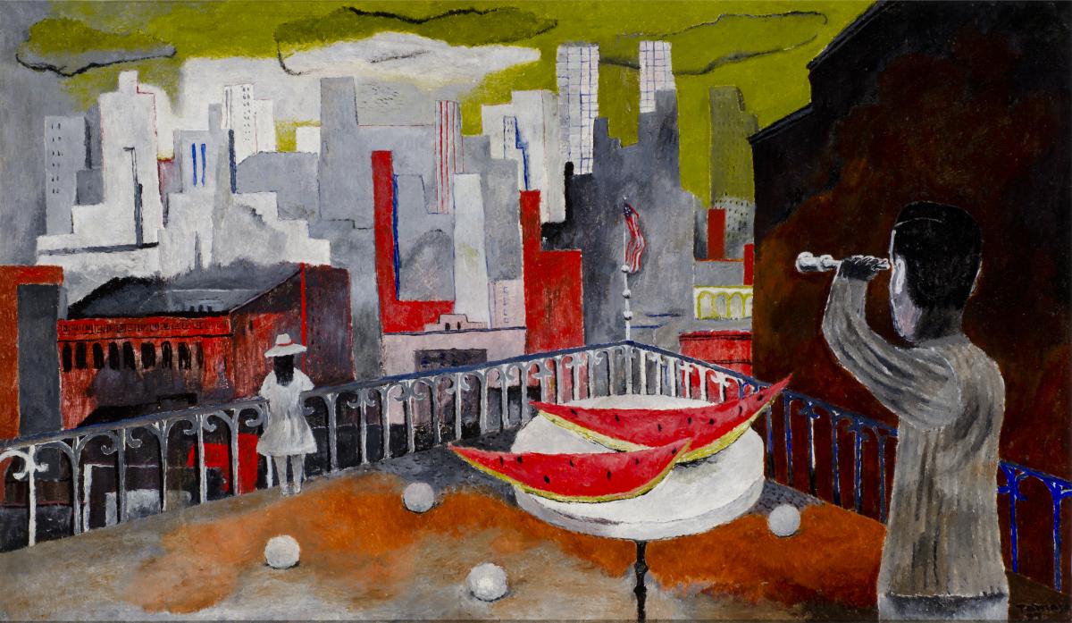This is a Tamayo painting of a New York City skyline and a person looking at it through a telescope.