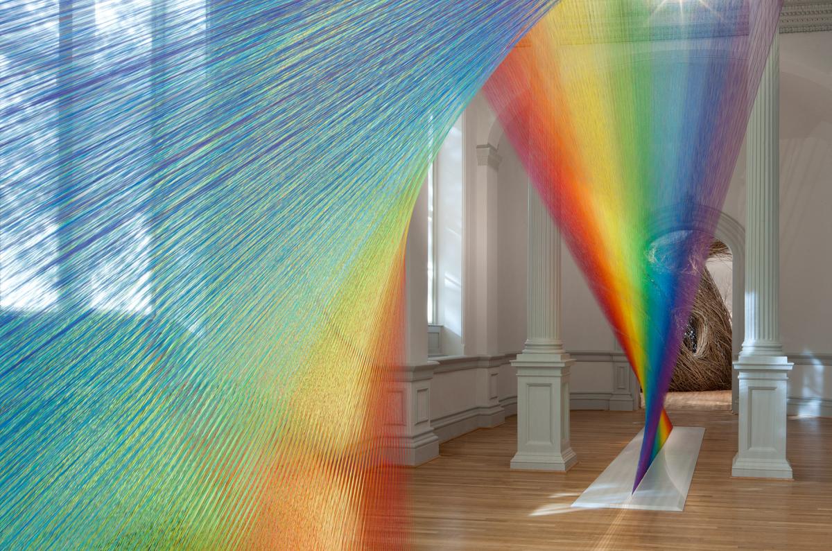 Dawe's Plexus A1 displaying an array of colors with Dougherty's Shindig made of bend twigs in the background