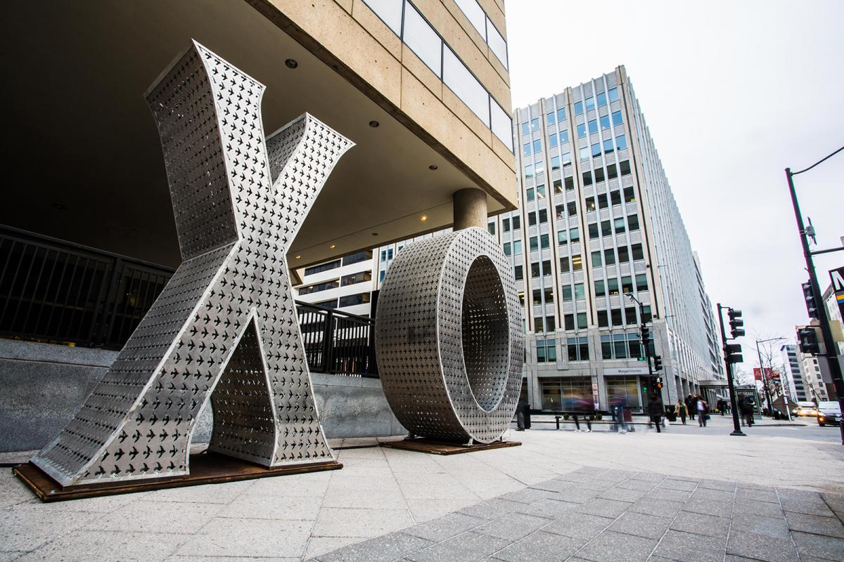 This is a picture of sculpture piece XO in the Golden Triangle district of D.C.