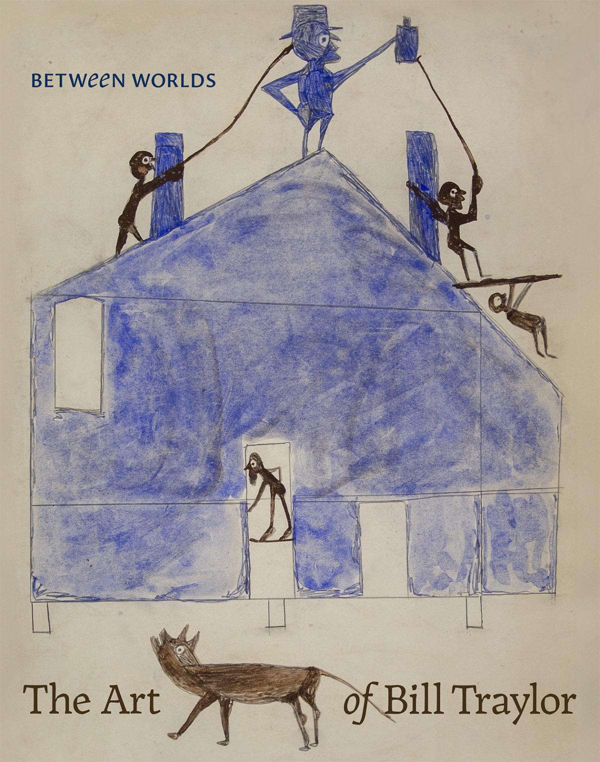 A book cover with a blue house and people on the roof with a dog on the ground.