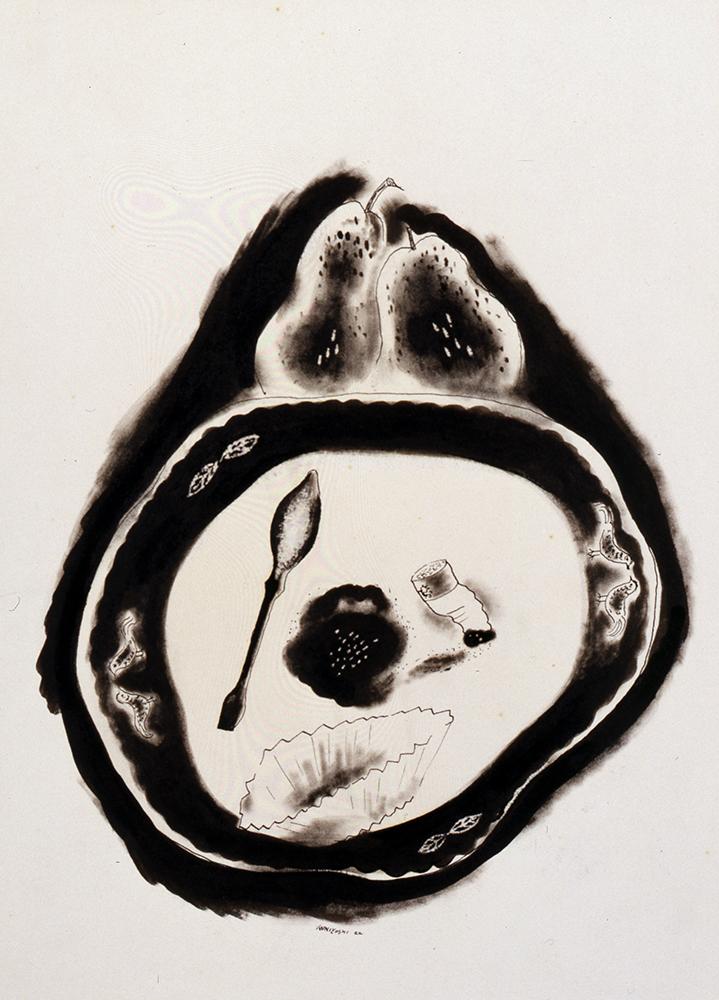 An ink drawing of a plate with leftover food. 