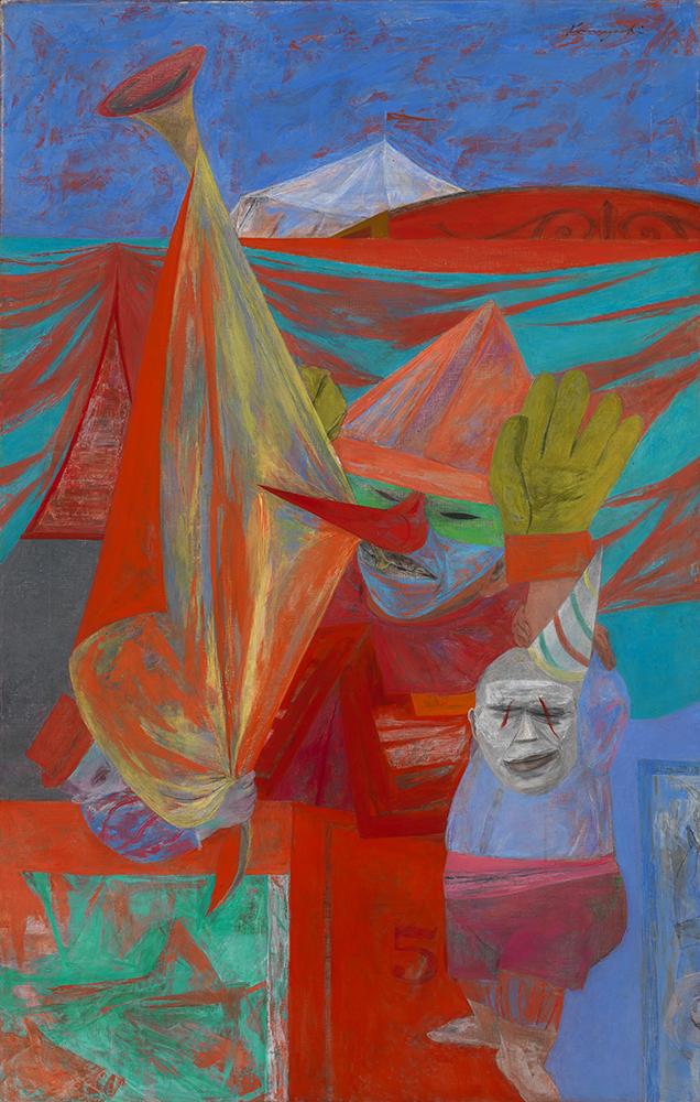 A colorful painting of two clown figures.
