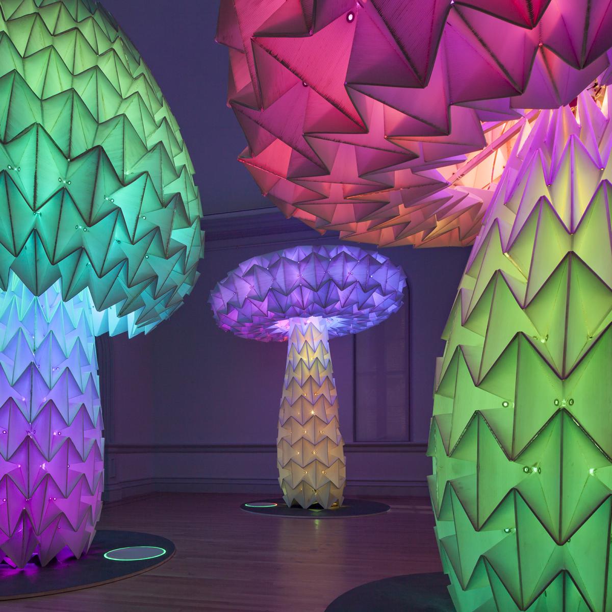 An image of Foldhaus' mechanical mushrooms inside the Renwick Gallery.