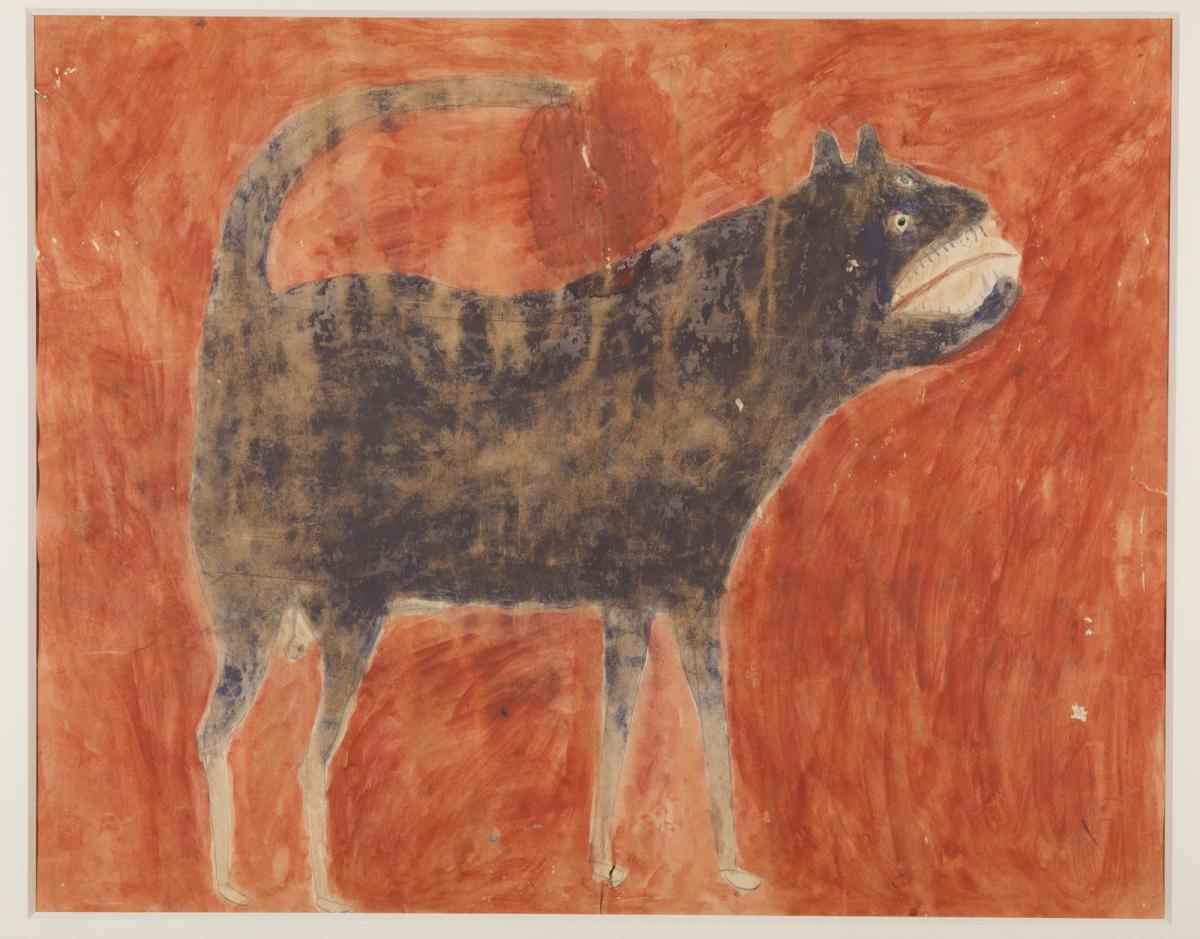 Exhibitions - Traylor, Mean Dog Black dog in profile against red background