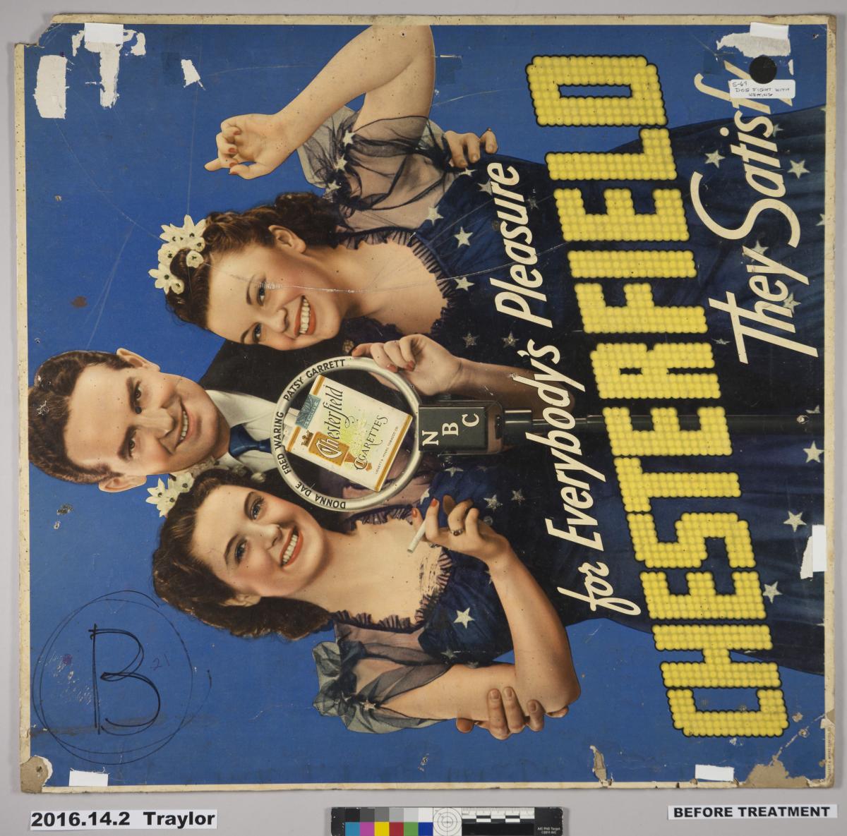 This is a photograph of the reverse side of Bill Traylor's drawing, which is an advertisement for Chesterfield with a man in between two women holding a cigarette.