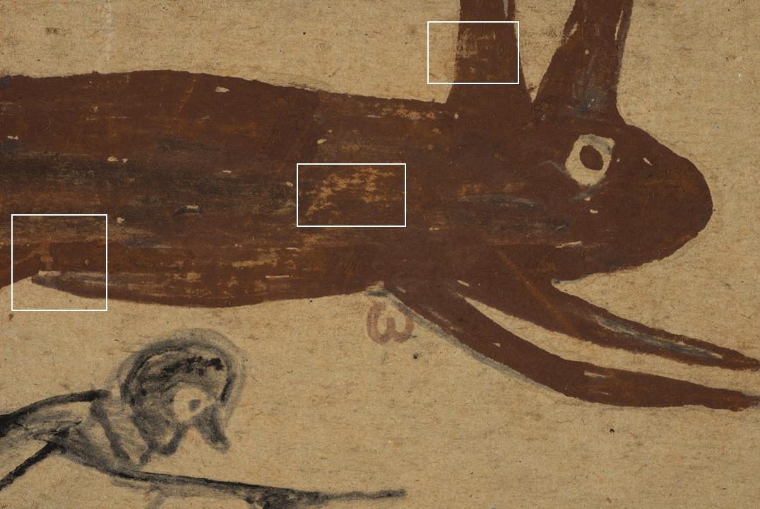 This is a detail image of Bill Traylor's Untitled (Chase Scene) depicting a drawing of a brown rabbit with white boxes around areas that had paint flaking.