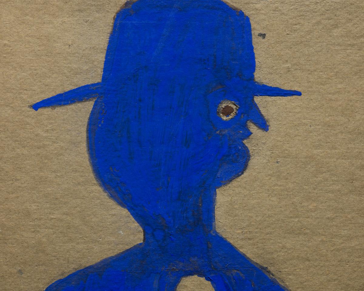 This is a detail image of Bill Traylor's drawing of a blue man with a hat and button down shirt.