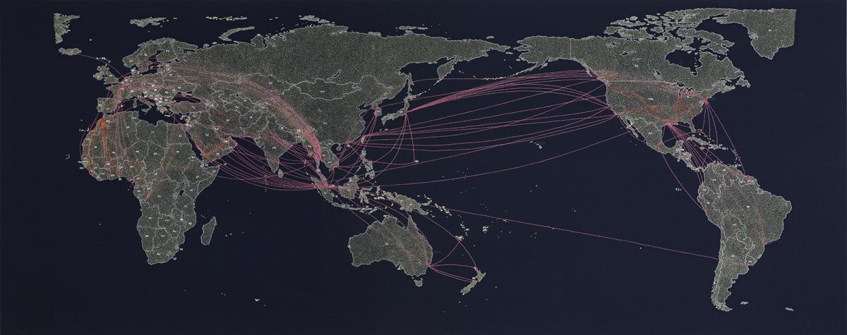 A map of the world with lines in red connecting different locations.