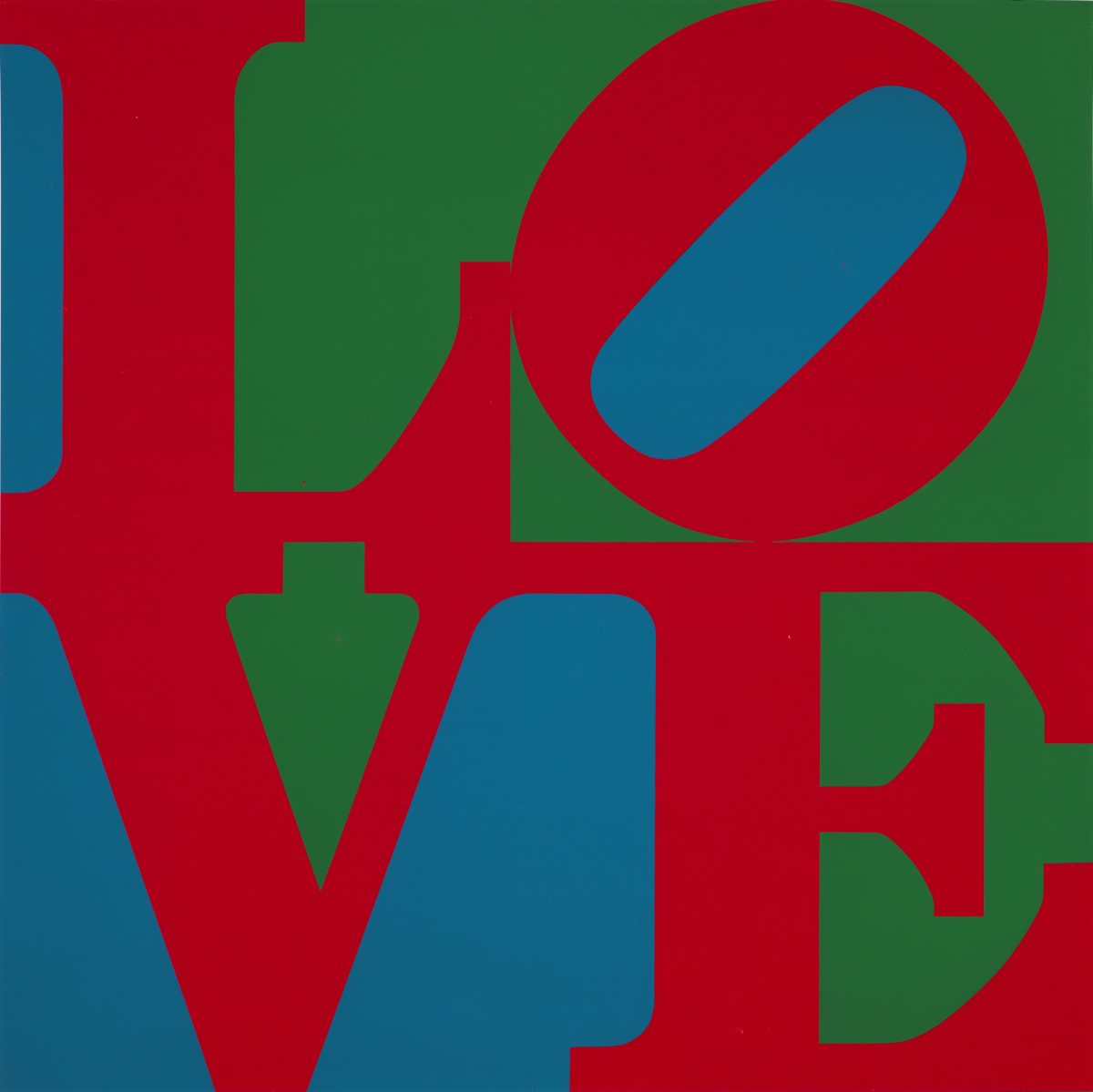 A painting of the word "LOVE" in red with green and blue background