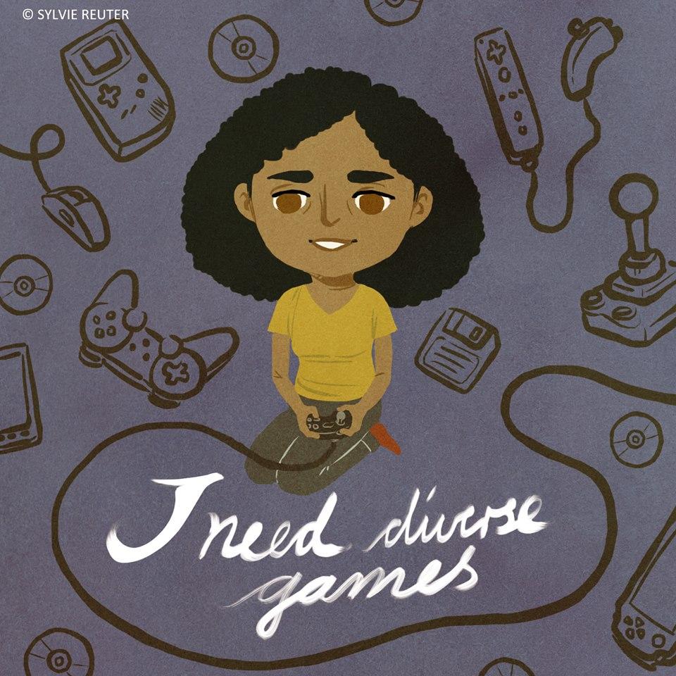 A computer generated artwork of a girl sitting down playing video games with the words "I need diverse games" under her.