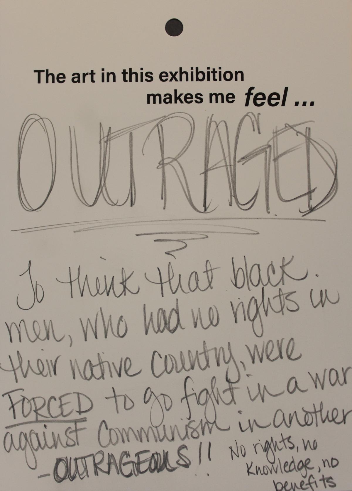 A visitor comment card describing outrage over the Vietnam War