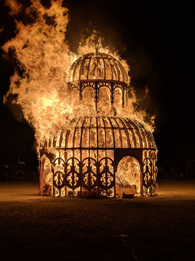 The ritual burn of the Chapel of the Chimes at Burning Man, September 1, 2019.