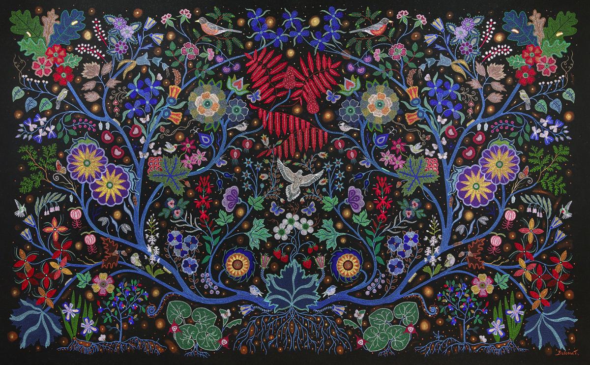 An artwork made of small beads depicting plants and flowers.