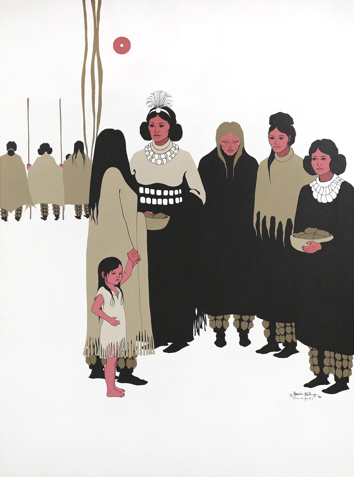 A painting of five figures and a small child talking to one another. 