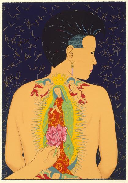 Colorful screenprint of a woman with religious tattoo on her back