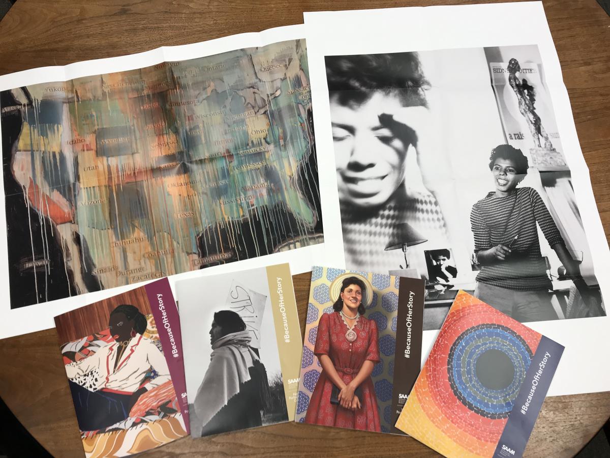 A photograph of six different artworks on postcards.