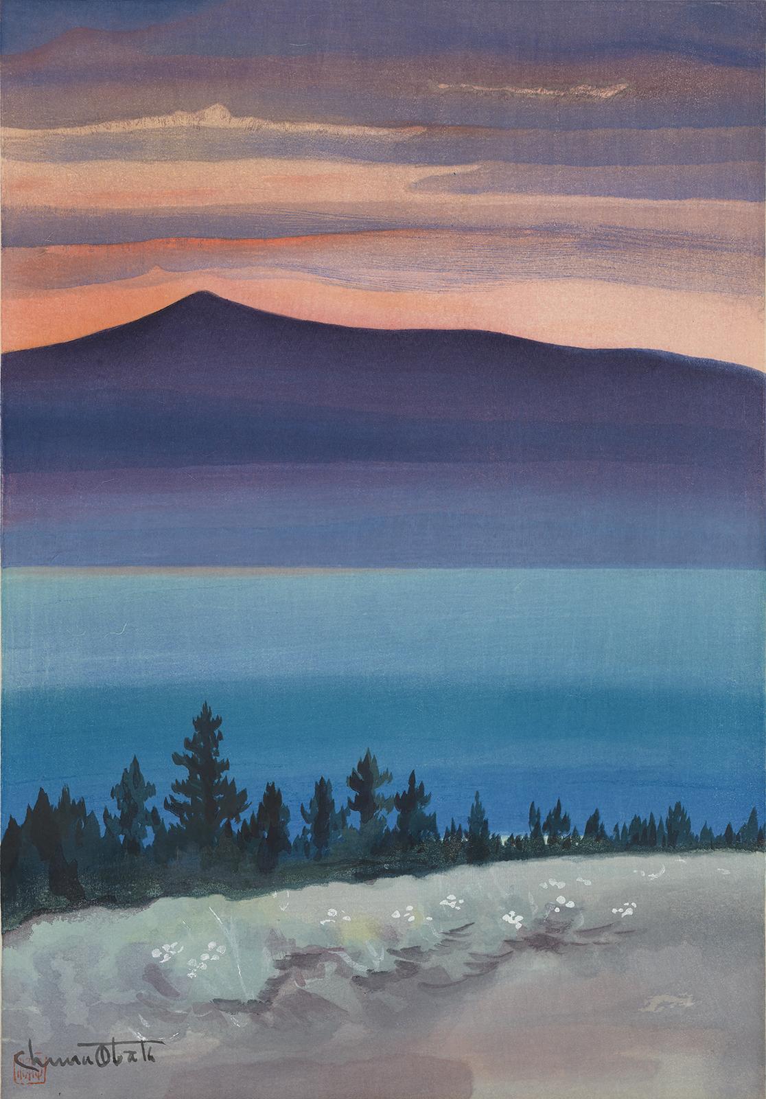A watercolor image with trees in the foreground, mountains in the middle ground, and the sunset in the background.