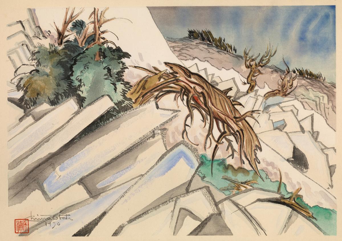 A watercolor image of rocks and trees along an incline.