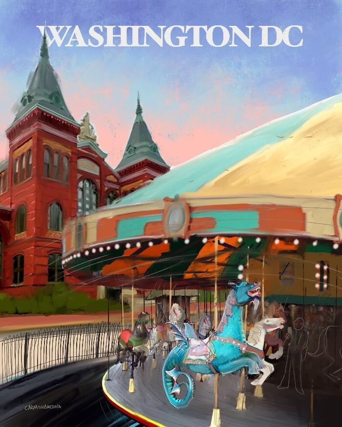 A drawing of a carousel with a building behind it.