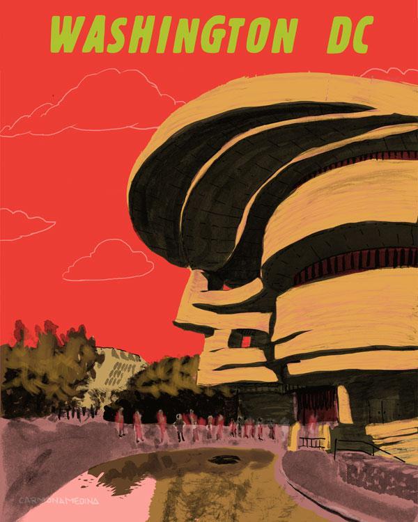 A drawing of the American Indian Museum with a curved building facade. 