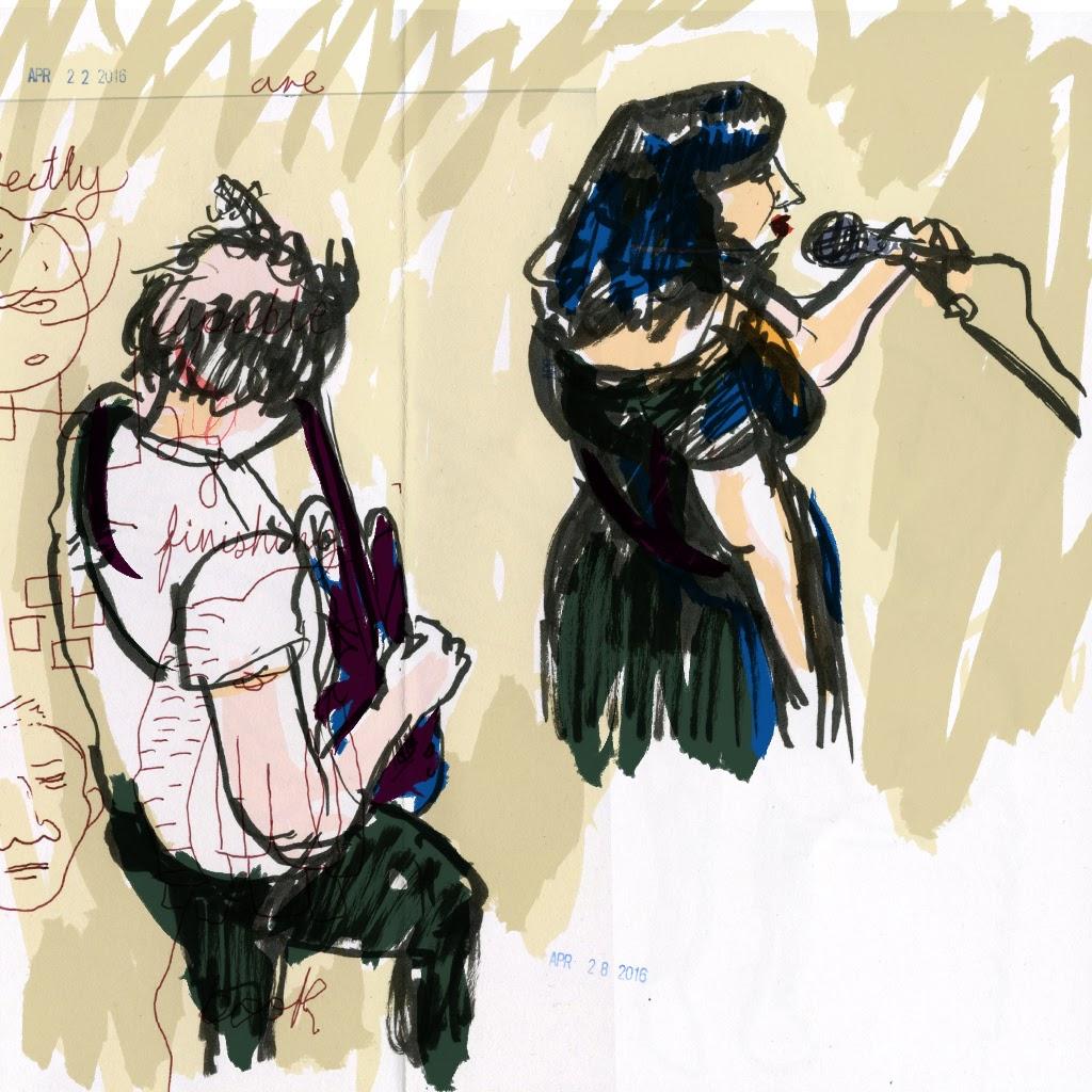 A drawing of two musicians from above. 