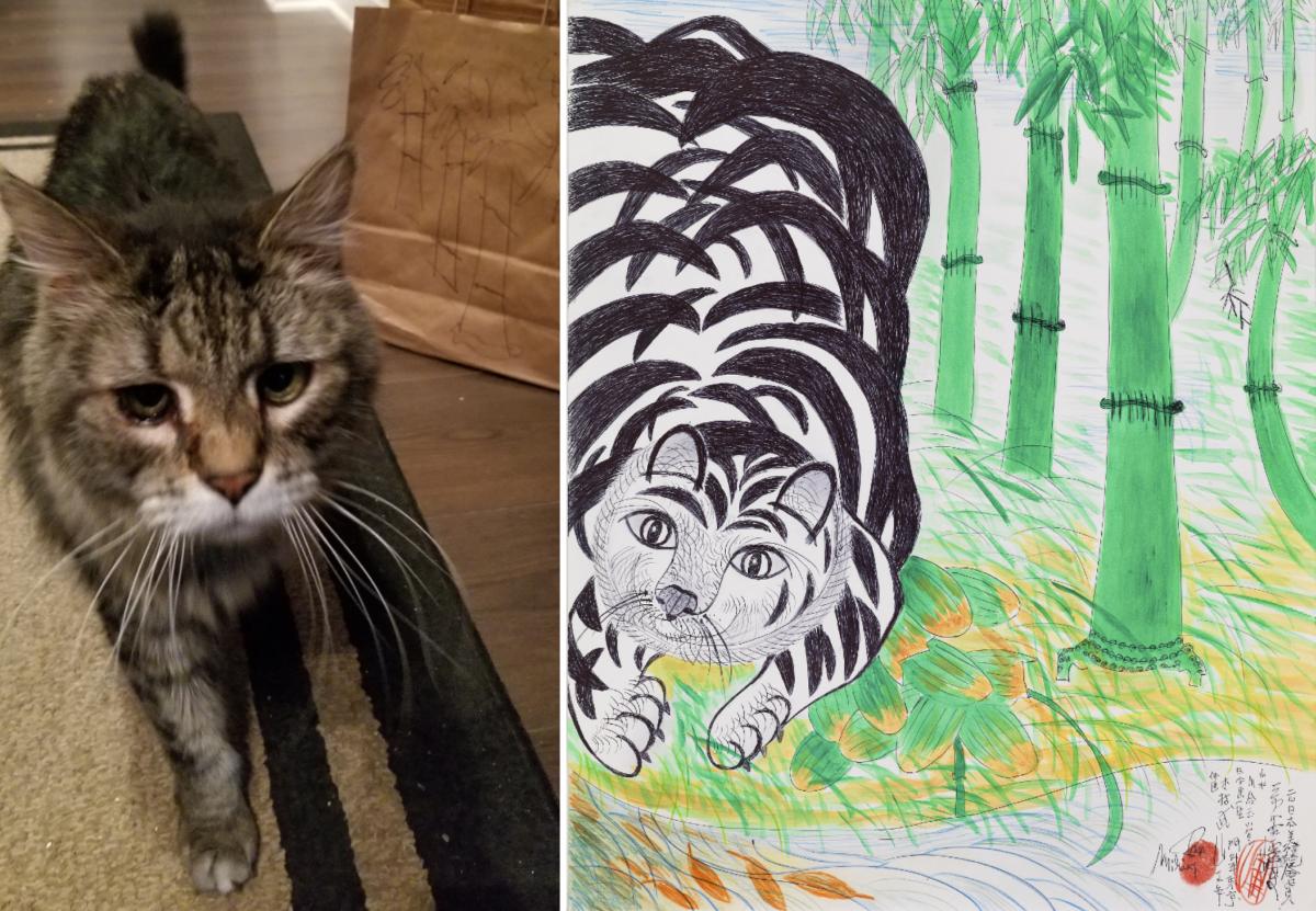 A recreation of an artwork by Jimmy Tsoutomu Mirikitani of a cat surrounded by bamboo.
