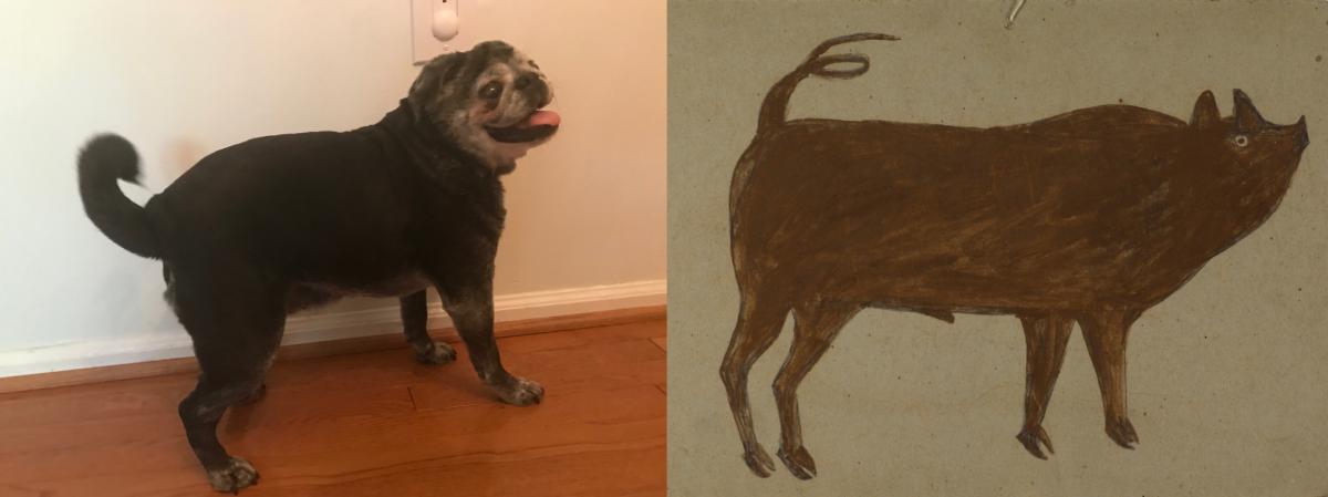 A recreation of a painting by Bill Traylor of a pig. 