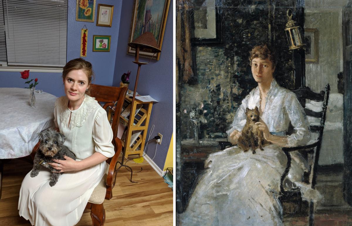A recreation of a painting by J. Alden Weir of a woman seated with a dog in her lap.