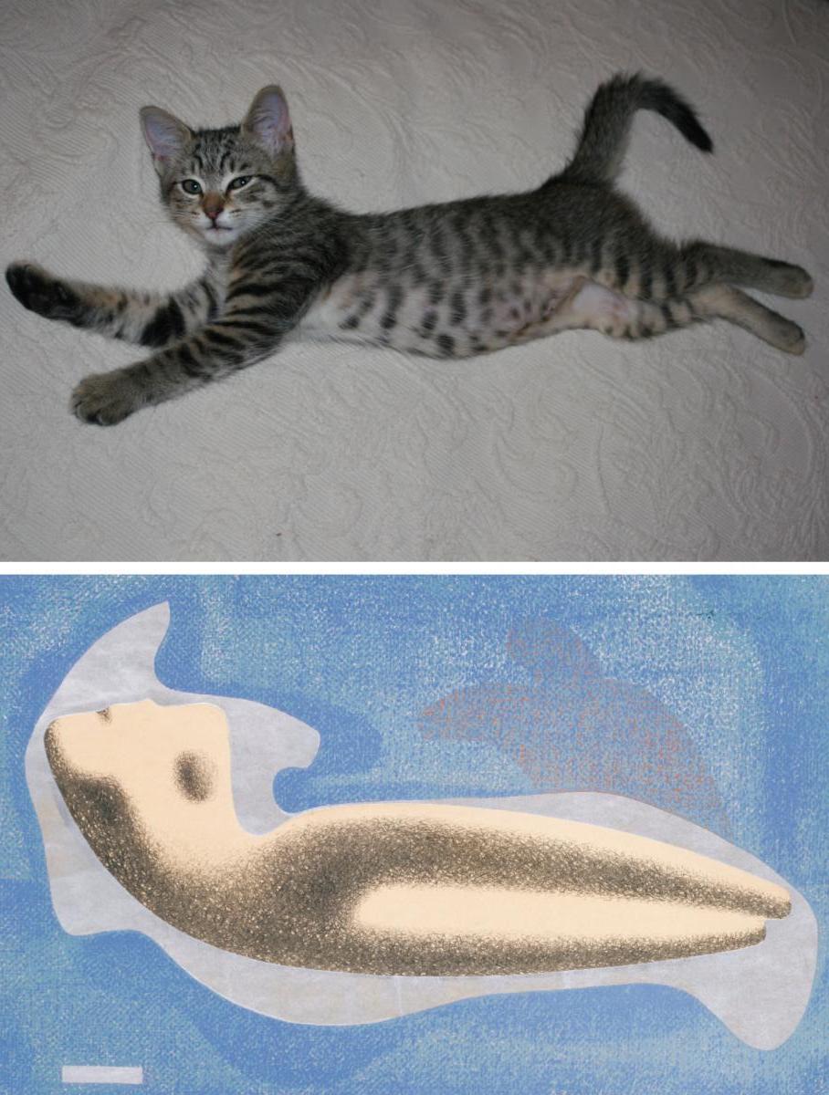 A recreation of a painting by Alexander Archipenko of a torso against a blue background, but instead of a torso it’s a cat.