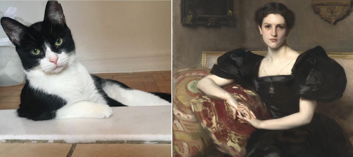 A recreation of a painting by John Singer Sargent of a woman seated with her hands folded.