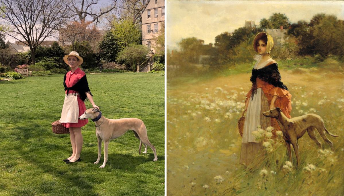 A recreation of a painting by Percy Moran of a girl standing in a field with her greyhound.