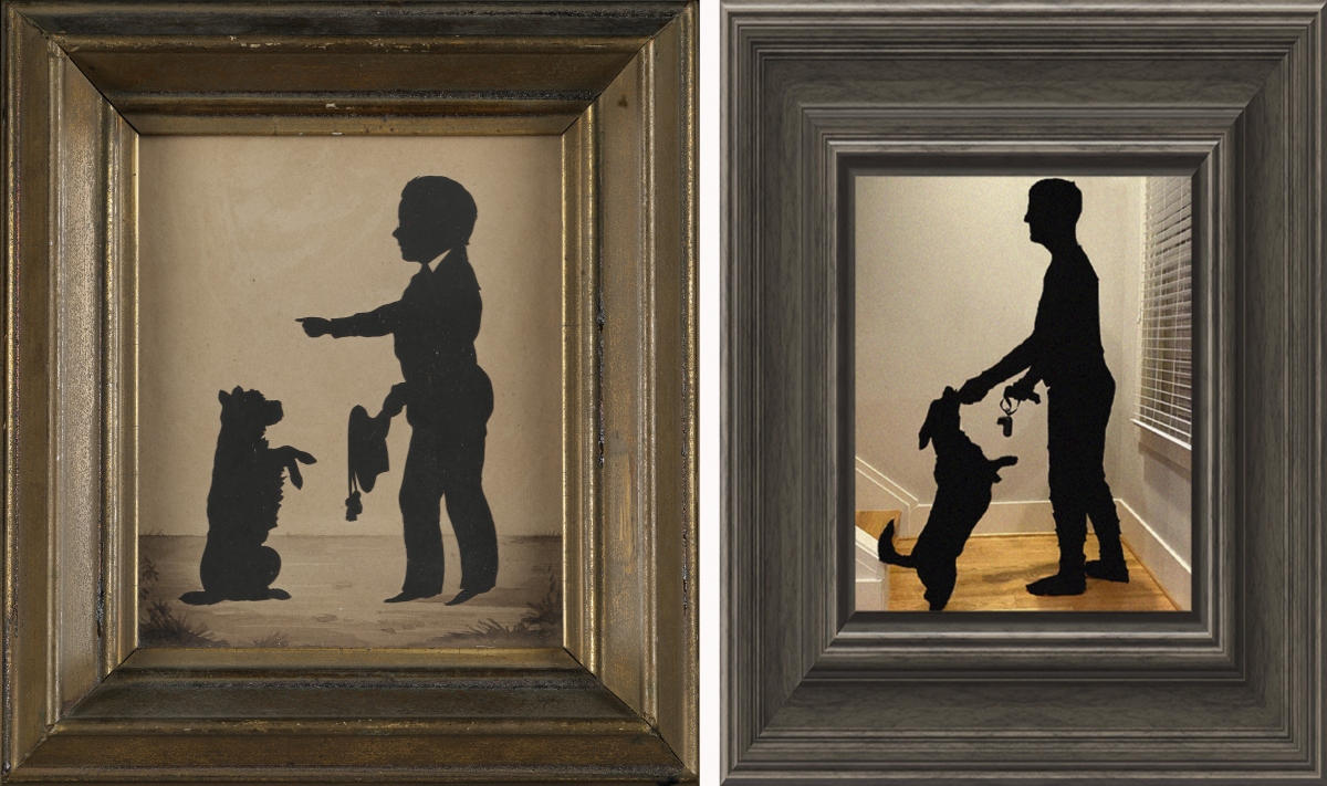 A recreation of an artwork with a man and dog in silhouette 