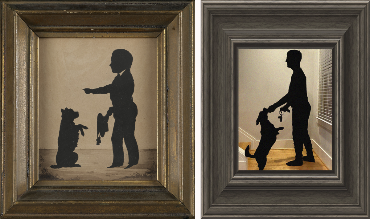 A recreation of an artwork with a man and dog in silhouette