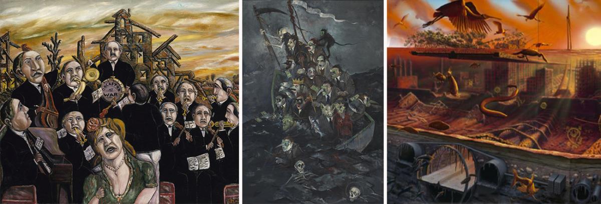 A collage of three paintings. 