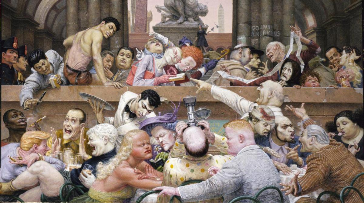 A painting with a bunch of people around a table